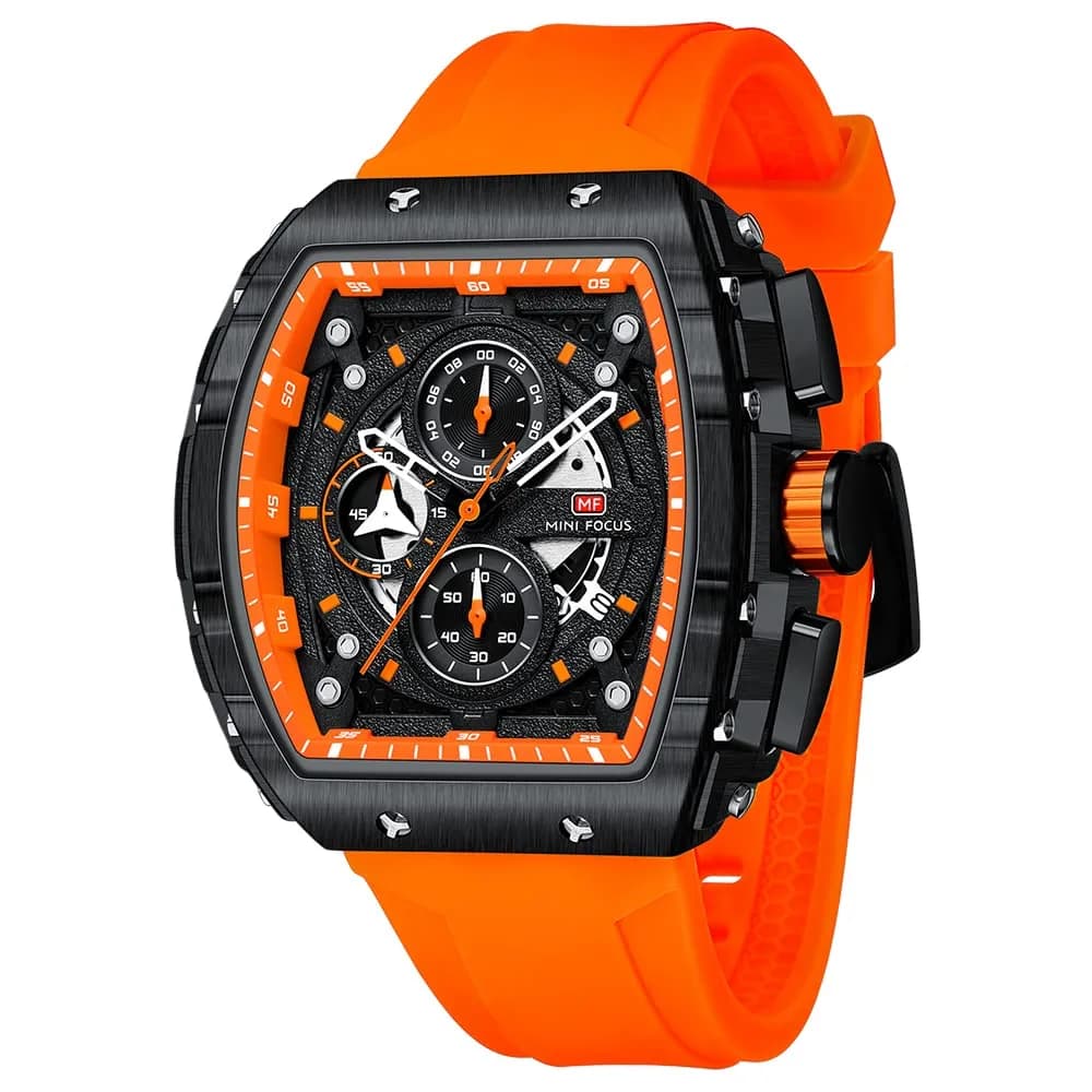 MF MINI FOCUS Men's Orange & Black Tonneau Chronograph Watch | 48mm Alloy Steel Case, 30M Water Resistant - main product image