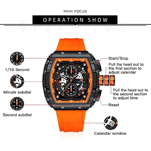 MF MINI FOCUS Men's Chronograph Watch with Orange Silicone Band | 45mm Tonneau Case, 30M Water Resistance thumbnail 5