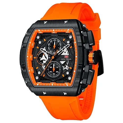 MF MINI FOCUS Men's Chronograph Watch with Orange Silicone Band | 45mm Tonneau Case, 30M Water Resistance thumbnail 1