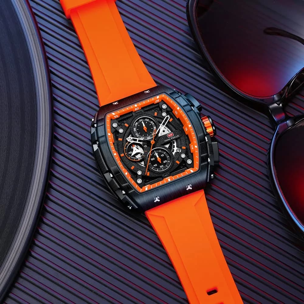 MF MINI FOCUS Men's Orange & Black Tonneau Chronograph Watch | 48mm Alloy Steel Case, 30M Water Resistant - view 2