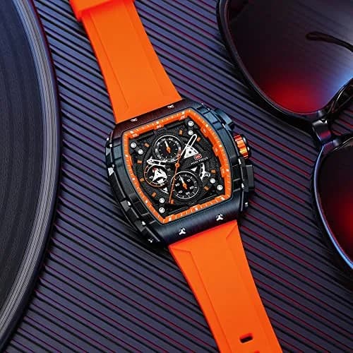 MF MINI FOCUS Men's Chronograph Watch with Orange Silicone Band | 45mm Tonneau Case, 30M Water Resistance thumbnail 2