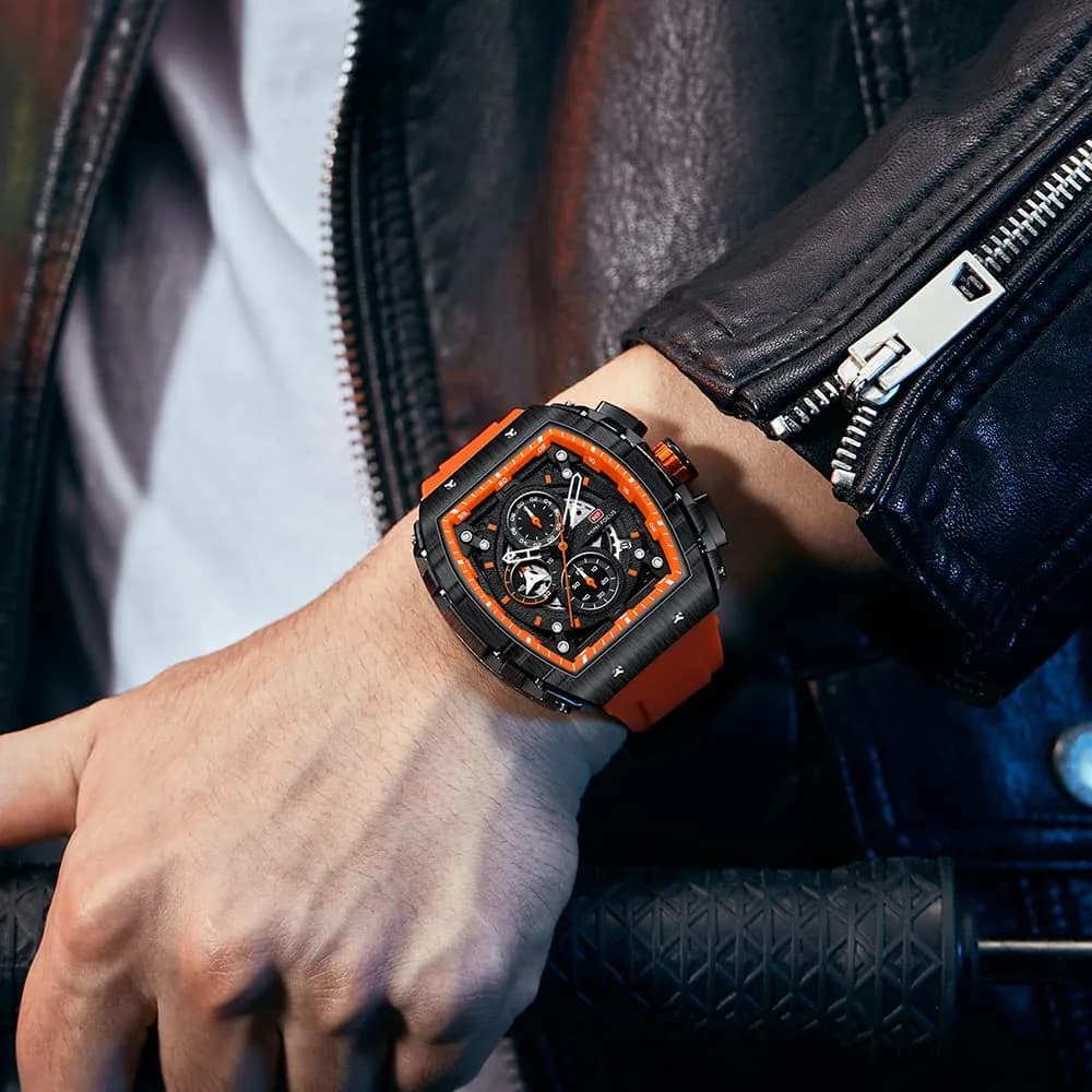 MF MINI FOCUS Men's Orange & Black Tonneau Chronograph Watch | 48mm Alloy Steel Case, 30M Water Resistant - view 3