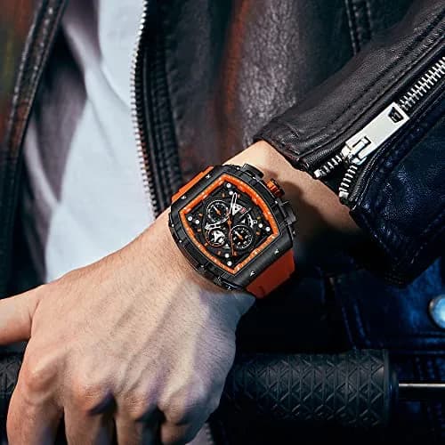 MF MINI FOCUS Men's Chronograph Watch with Orange Silicone Band | 45mm Tonneau Case, 30M Water Resistance thumbnail 3