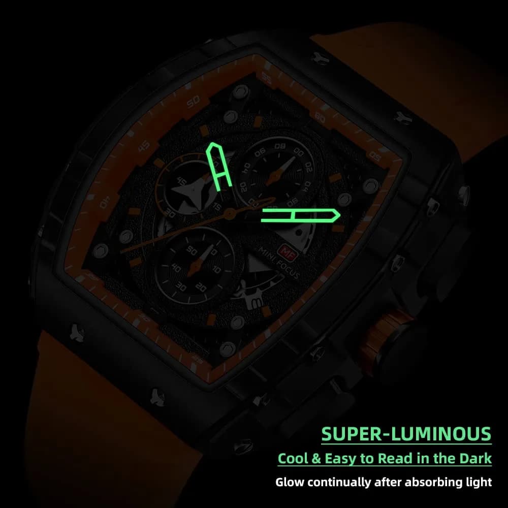 MF MINI FOCUS Men's Orange & Black Tonneau Chronograph Watch | 48mm Alloy Steel Case, 30M Water Resistant - view 4