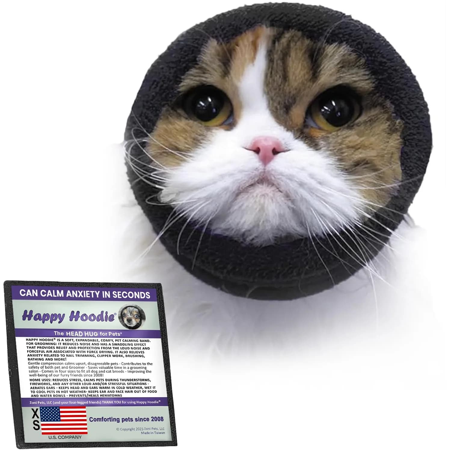Zoni Pets Happy Hoodie Original Dog & Cat Calming Band, Purple, 13-18” Head Girth | Noise & Anxiety Relief for Grooming, Thunder, Fireworks — Black / X-Small