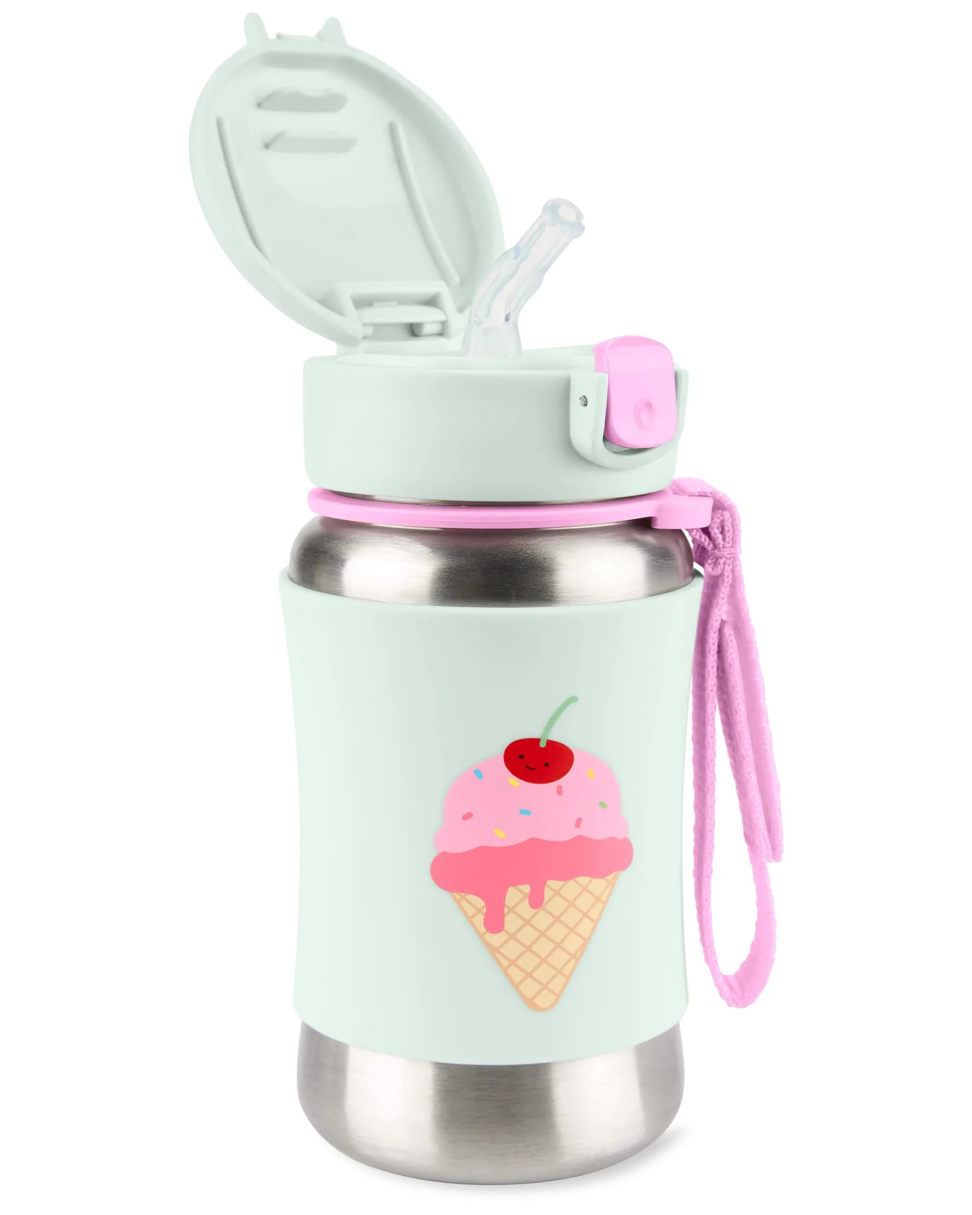 Skip Hop Zoo Stainless Steel Straw Bottle Butterfly 350ml (12 oz) | Spill-Proof Toddler Cup with Grab Strap - view 2