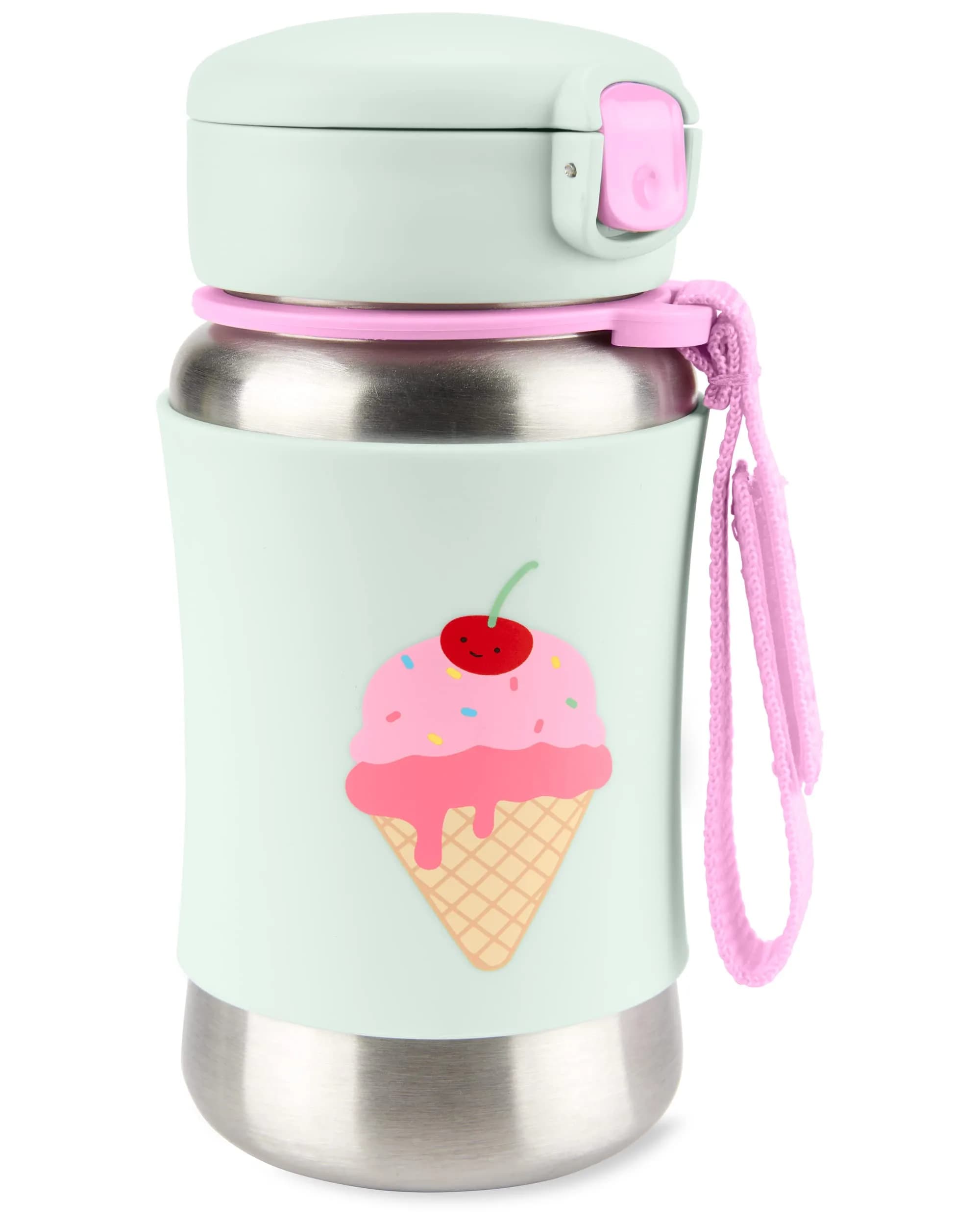 Skip Hop Zoo Stainless Steel Straw Bottle Butterfly 350ml (12 oz) | Spill-Proof Toddler Cup with Grab Strap — Ice Cream