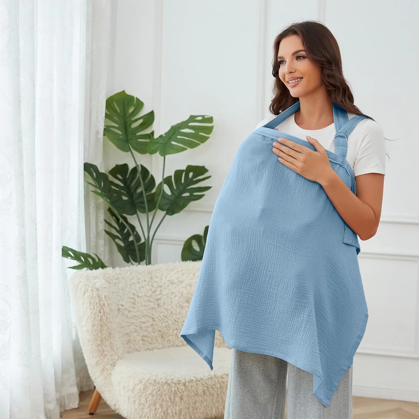 Zdolmy Muslin Nursing Cover for Breastfeeding, Breathable 100% Cotton Privacy Cover with Rigid Hoop, Light Blue (100 x 70 cm / 39.4 x 27.4 in) - view 2