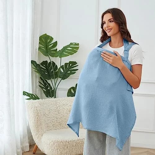 Zdolmy Muslin Nursing Cover for Breastfeeding, Breathable 100% Cotton Privacy Cover with Rigid Hoop, Light Blue (100 x 70 cm / 39.4 x 27.4 in) thumbnail 2