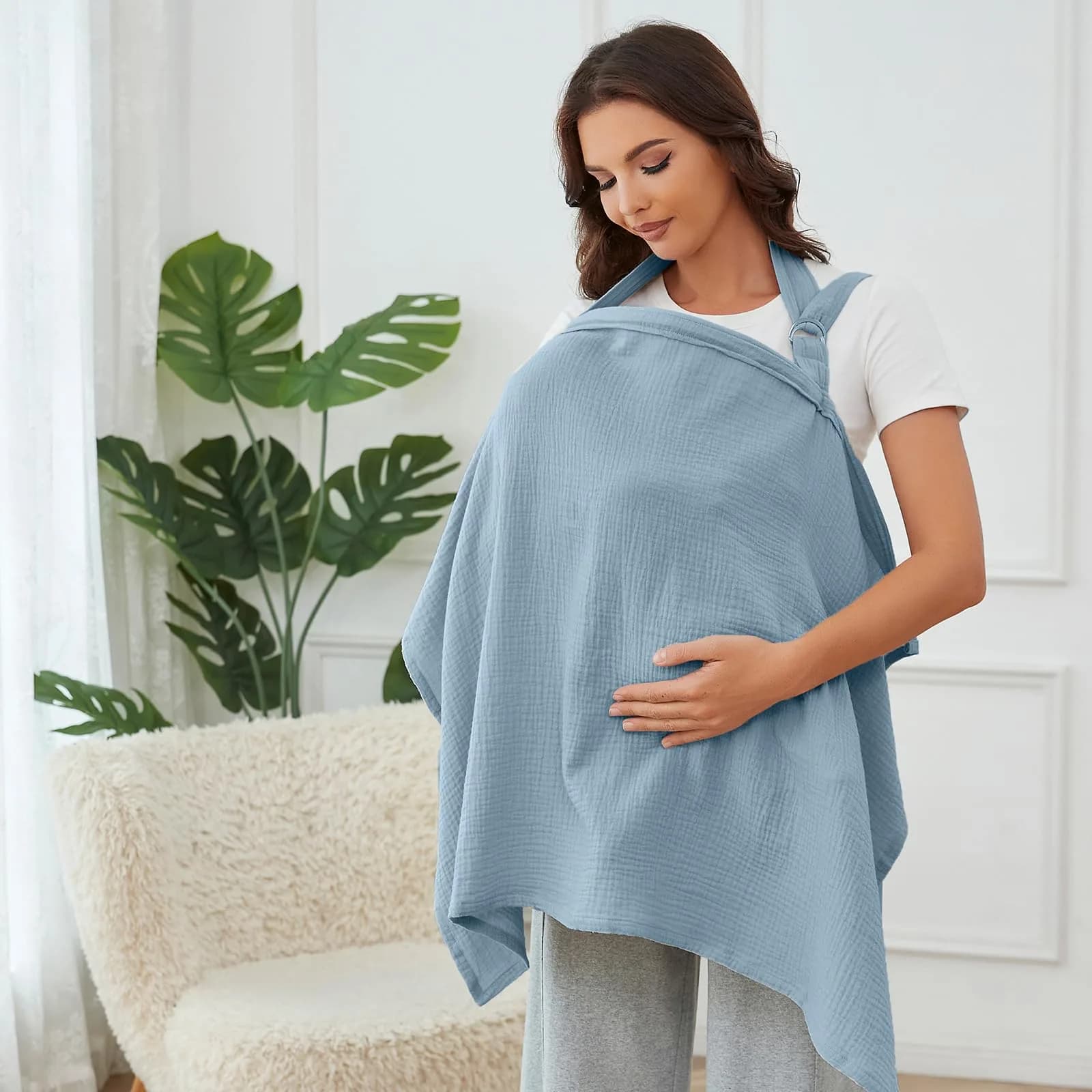 Zdolmy Muslin Nursing Cover for Breastfeeding, Breathable 100% Cotton Privacy Cover with Rigid Hoop, Light Blue (100 x 70 cm / 39.4 x 27.4 in) - view 3