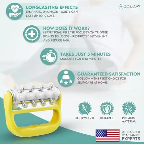 COZLOW MyoRelease Lymphatic Drainage Massager Yellow Handheld Massage Roller | Targets Soreness & Tension thumbnail 5