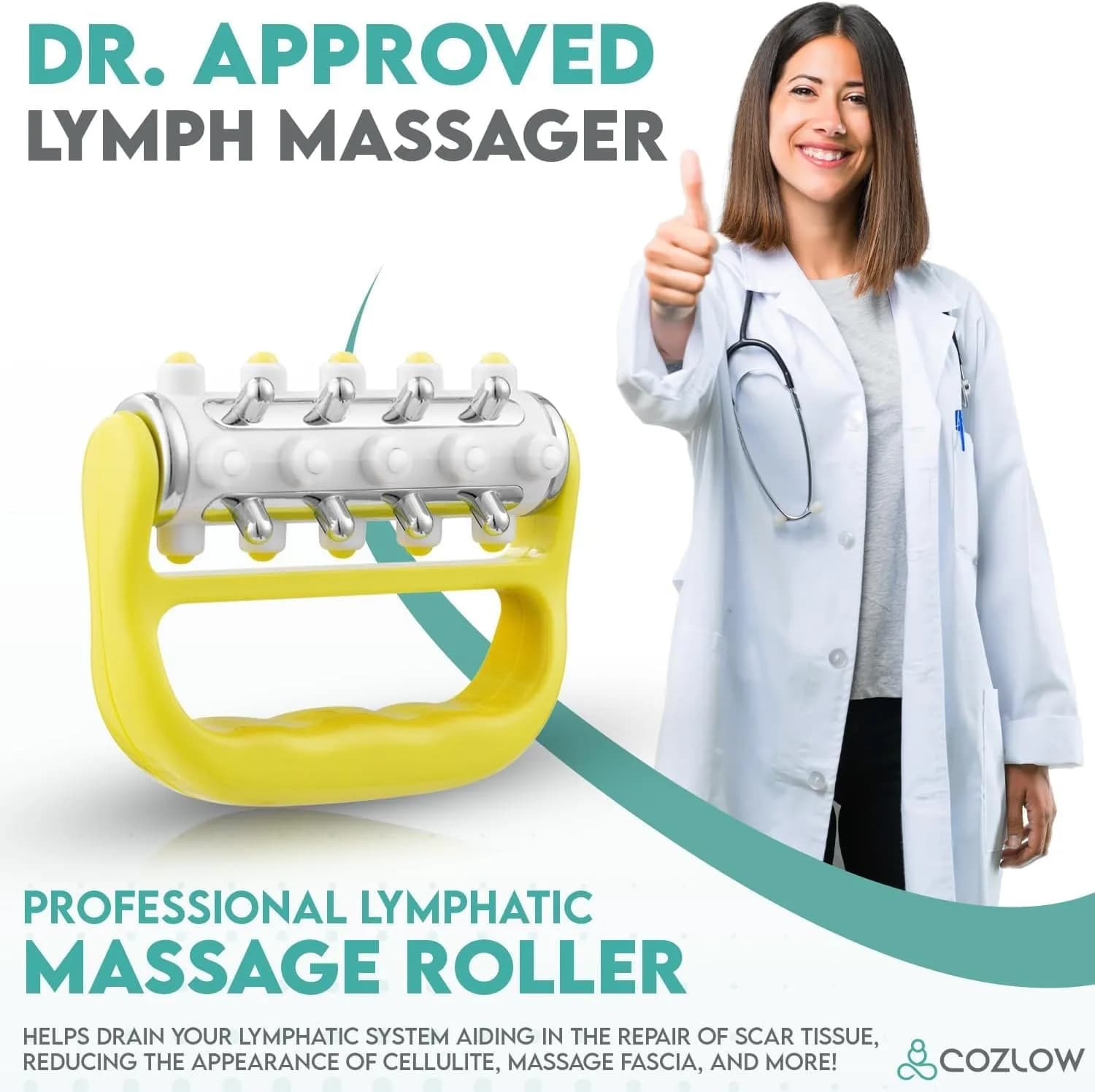 COZLOW MyoRelease Lymphatic Drainage Massager Yellow Handheld Massage Roller | Targets Soreness & Tension - view 3