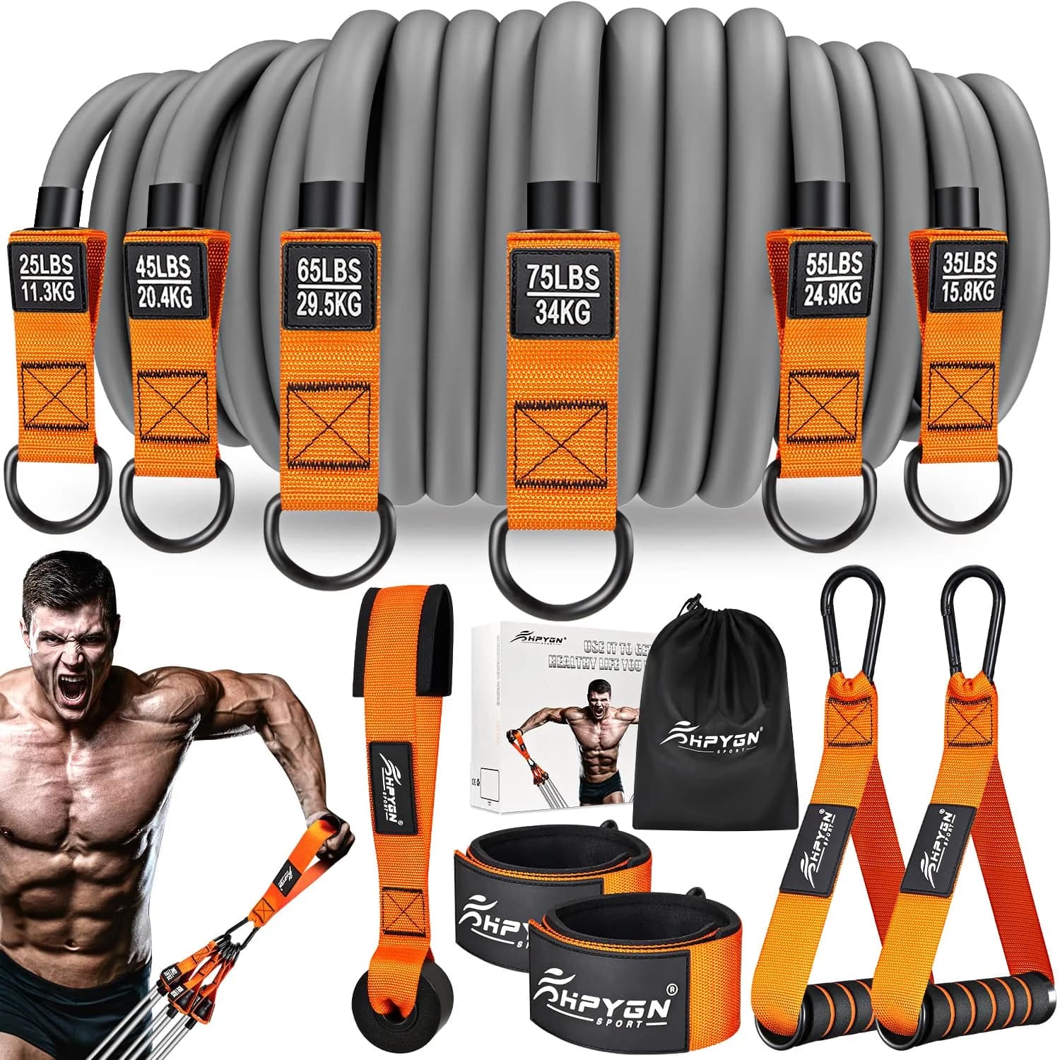 HPYGN Heavy Resistance Bands Set with Handles & Ankle Straps | 360LBS Max Resistance, 6 Levels, Orange - main product image