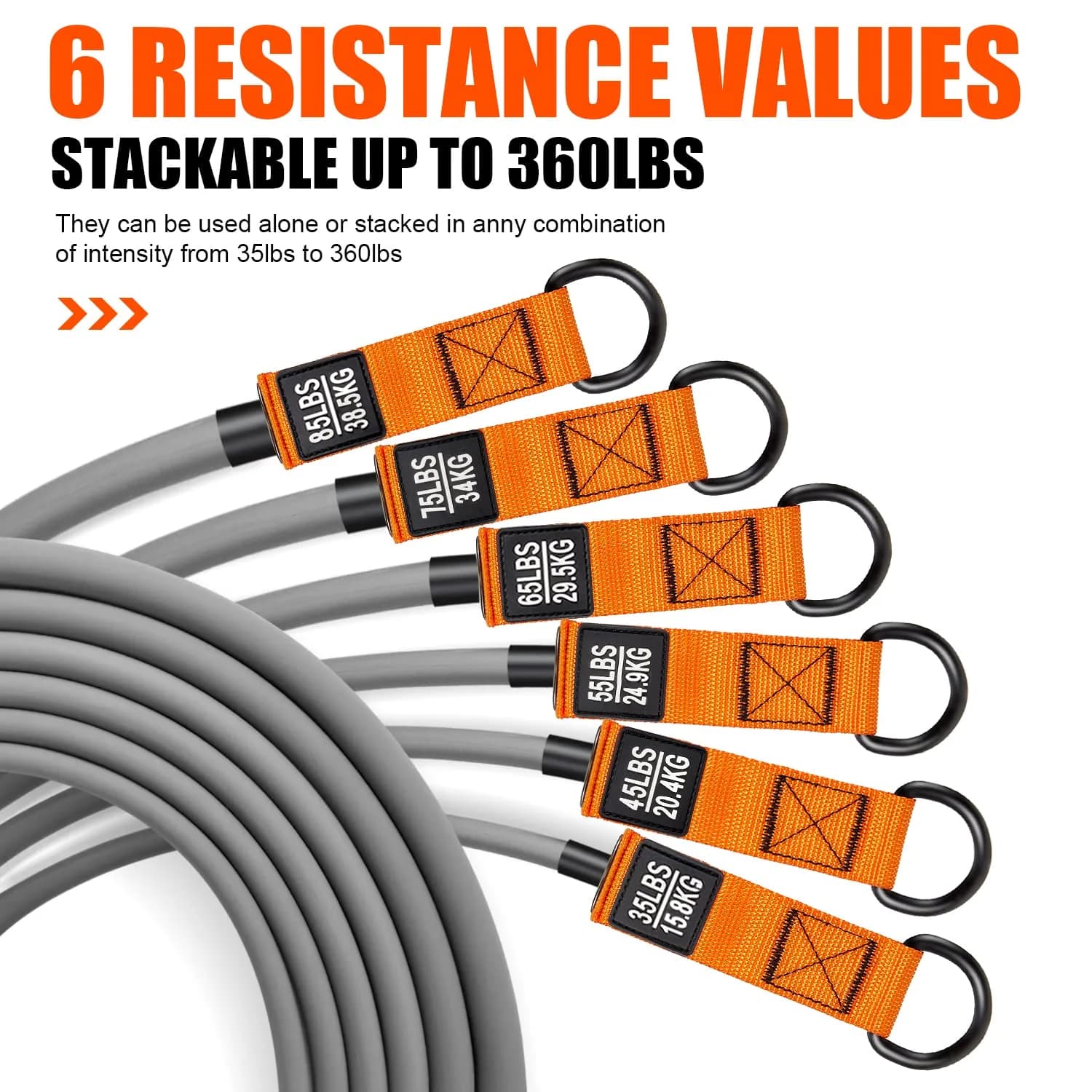 HPYGN Heavy Resistance Bands Set with Handles & Ankle Straps | 360LBS Max Resistance, 6 Levels, Orange - view 5