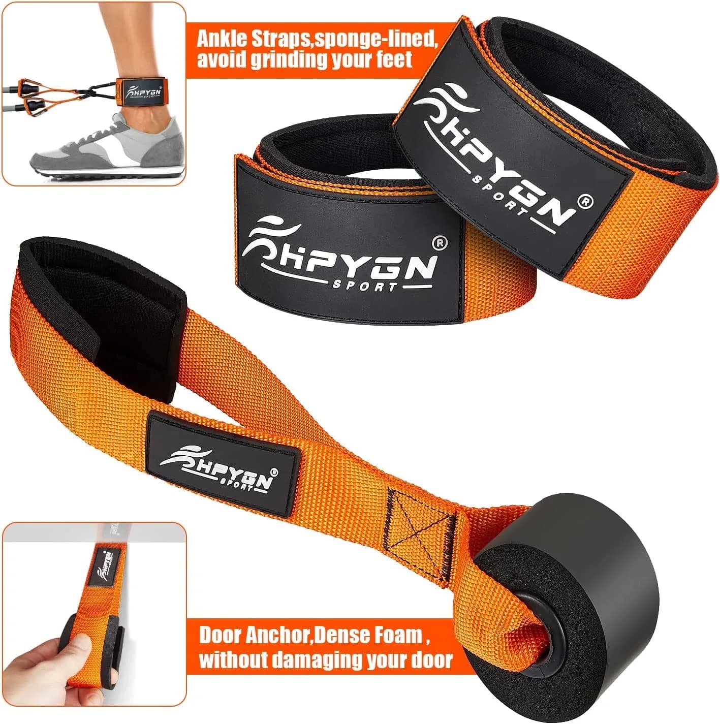 HPYGN Heavy Resistance Bands Set with Handles & Ankle Straps | 360LBS Max Resistance, 6 Levels, Orange - view 4