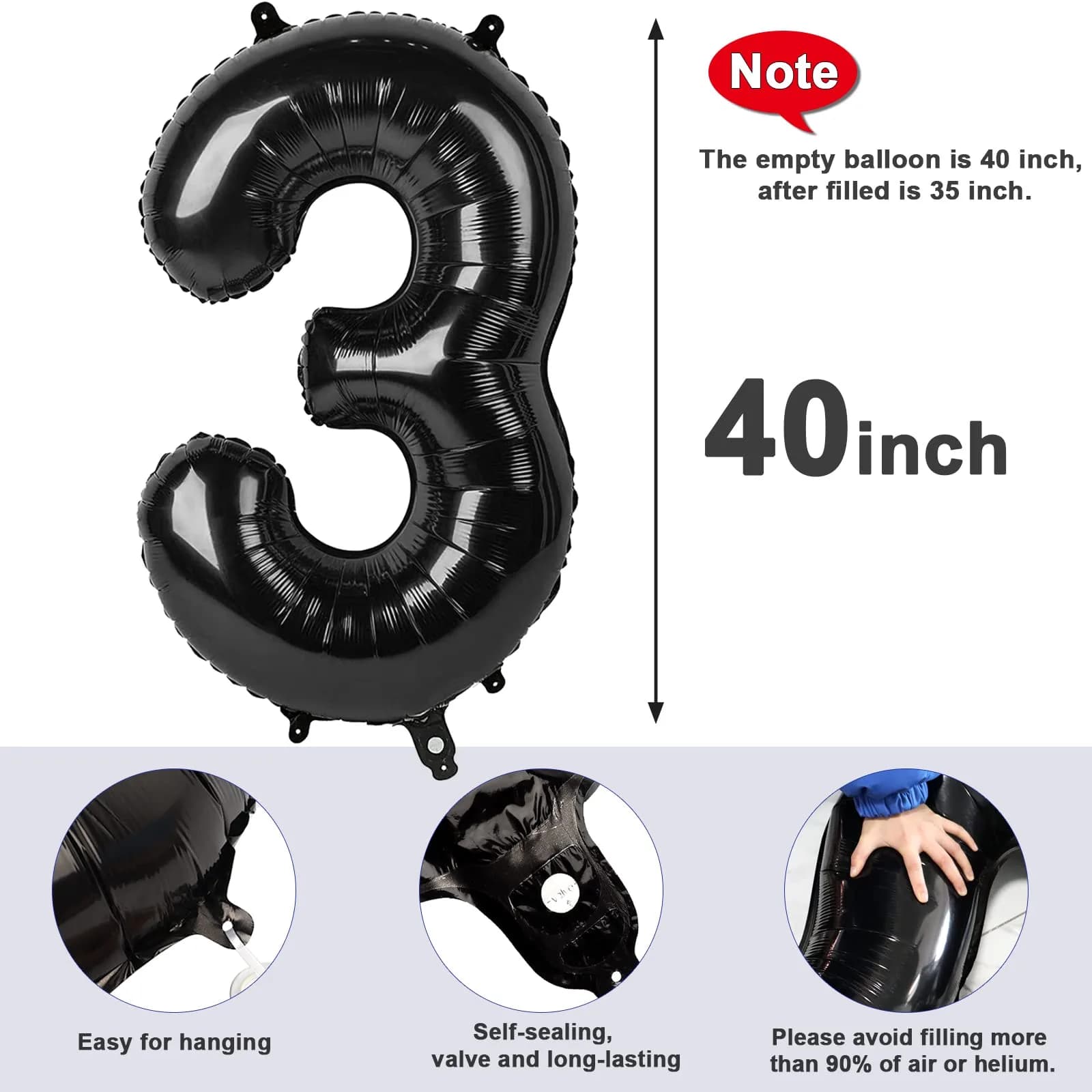 Mluchee 40 Inch Black Number 3 Balloon - Perfect for 3rd or 33rd Birthday Parties - view 5