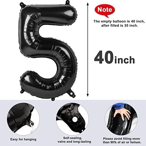 Mluchee Black Number 5 Balloon 40 Inch | Jumbo Foil Balloon for Birthday Party Decorations thumbnail 6