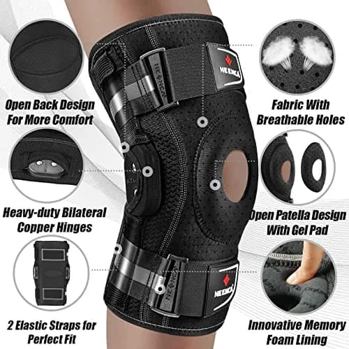 NEENCA Professional Knee Brace | Hinged Support for Men & Women, Patella Gel Pad, Removable Side Stabilizers, Adjustable Velcro Straps, Open Patella, Black, Large thumbnail 4