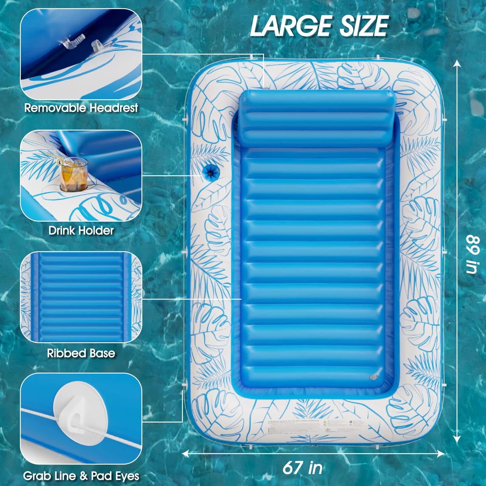 Jasonwell Inflatable Tanning Pool Lounger Float XXL Blue | 213cm (89in) x 167cm (67in) Water-Filled Sunbathing Bed - view 5
