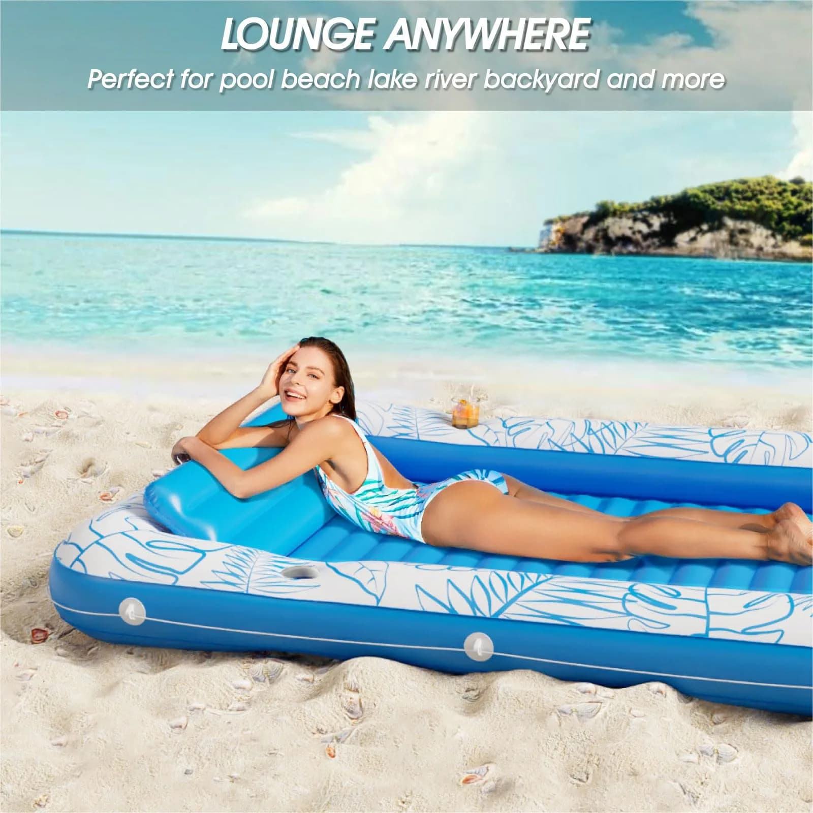 Jasonwell Inflatable Tanning Pool Lounger Float XXL Blue | 213cm (89in) x 167cm (67in) Water-Filled Sunbathing Bed - view 4