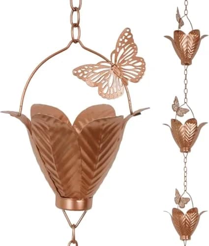 TZSSP 8.75FT Metal Rain Chain for Gutters | Tulip Cups with Butterflies, Outdoor Decor thumbnail 1