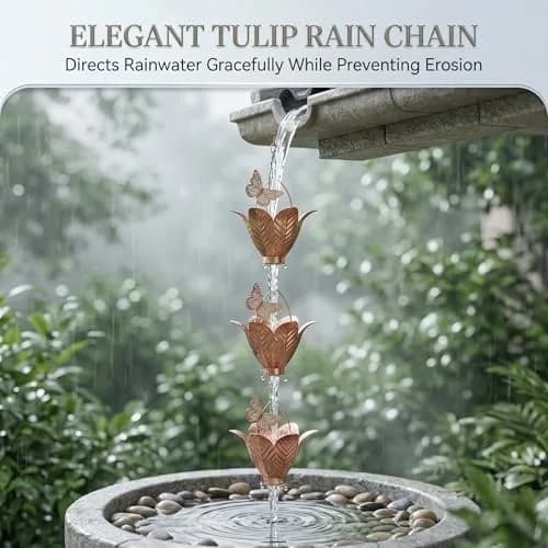 TZSSP 8.75FT Metal Rain Chain for Gutters | Tulip Cups with Butterflies, Outdoor Decor thumbnail 5