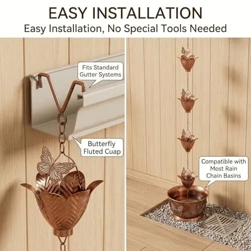 TZSSP 8.75FT Metal Rain Chain for Gutters | Tulip Cups with Butterflies, Outdoor Decor thumbnail 6