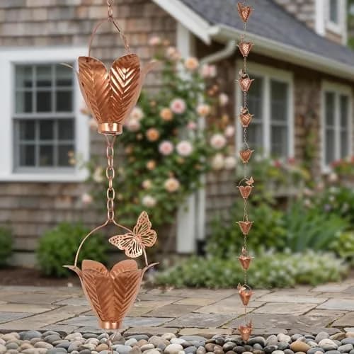 TZSSP 8.75FT Metal Rain Chain for Gutters | Tulip Cups with Butterflies, Outdoor Decor thumbnail 9