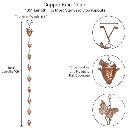 TZSSP 8.75FT Metal Rain Chain for Gutters | Tulip Cups with Butterflies, Outdoor Decor thumbnail 2