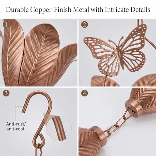 TZSSP 8.75FT Metal Rain Chain for Gutters | Tulip Cups with Butterflies, Outdoor Decor thumbnail 3