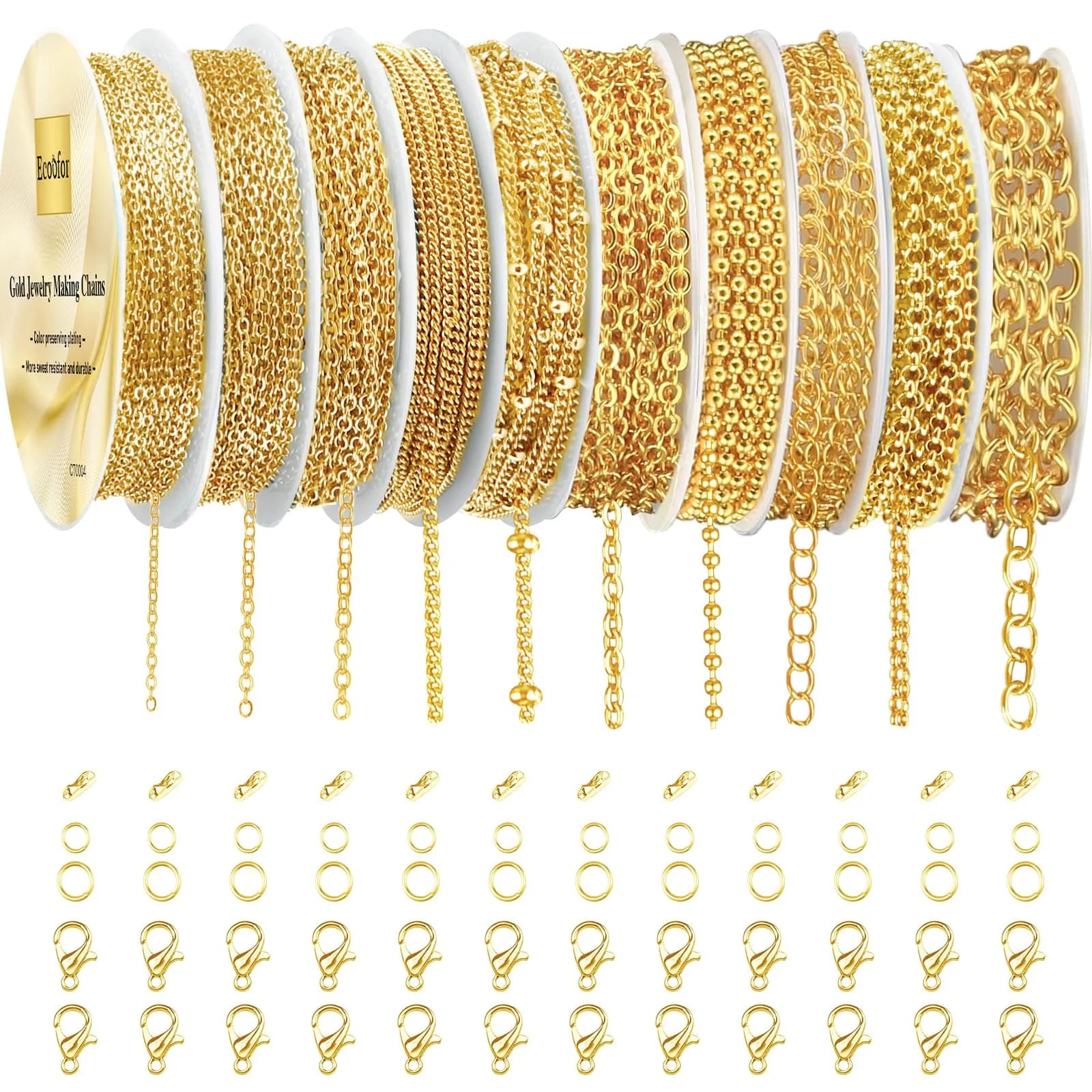 Ecoofor Gold Necklace Chains for Jewelry Making Kit 78.7ft (10 Rolls) | DIY Necklace Bracelet Jewelry Making with Jump Rings & Clasps