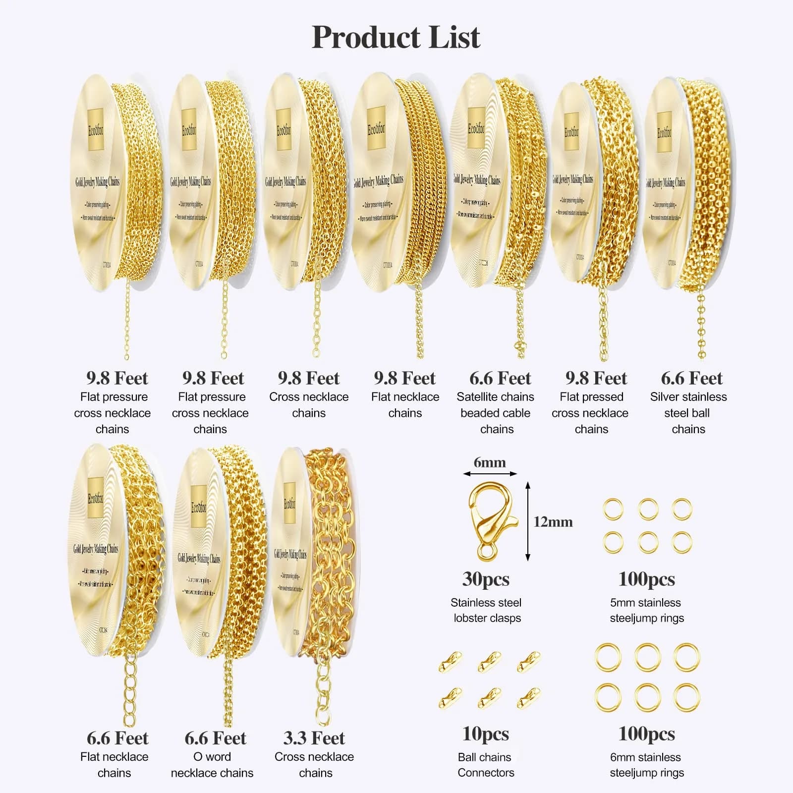 Ecoofor Gold Necklace Chains for Jewelry Making Kit 78.7ft (10 Rolls) | DIY Necklace Bracelet Jewelry Making with Jump Rings & Clasps - view 3