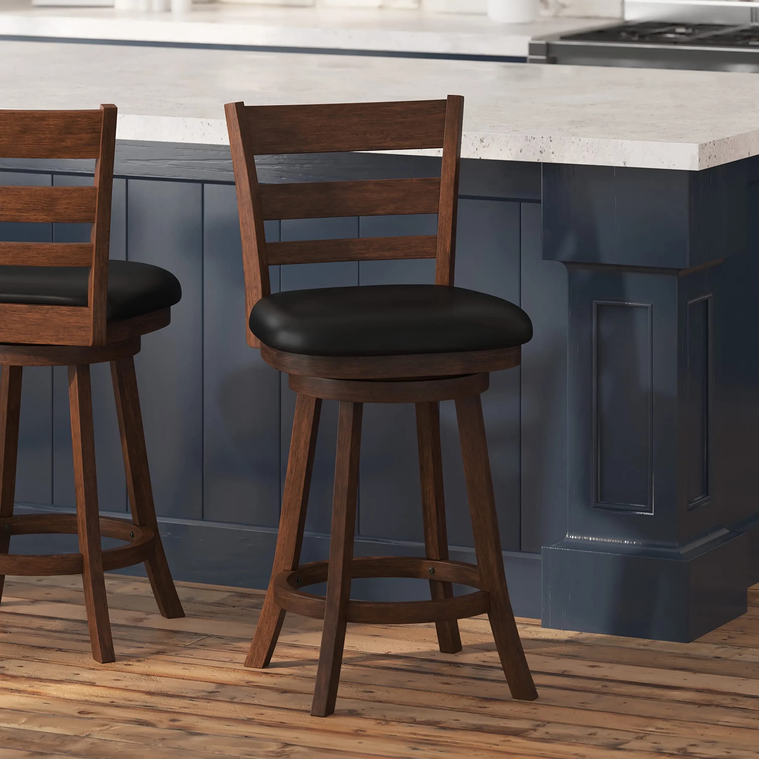 Taylor + Logan Zayne Classic Ladderback Wooden Swivel Counter Stool with Faux Leather Seat, Antique Oak/Black | Timeless Elegance for Kitchen & Dining - main product image