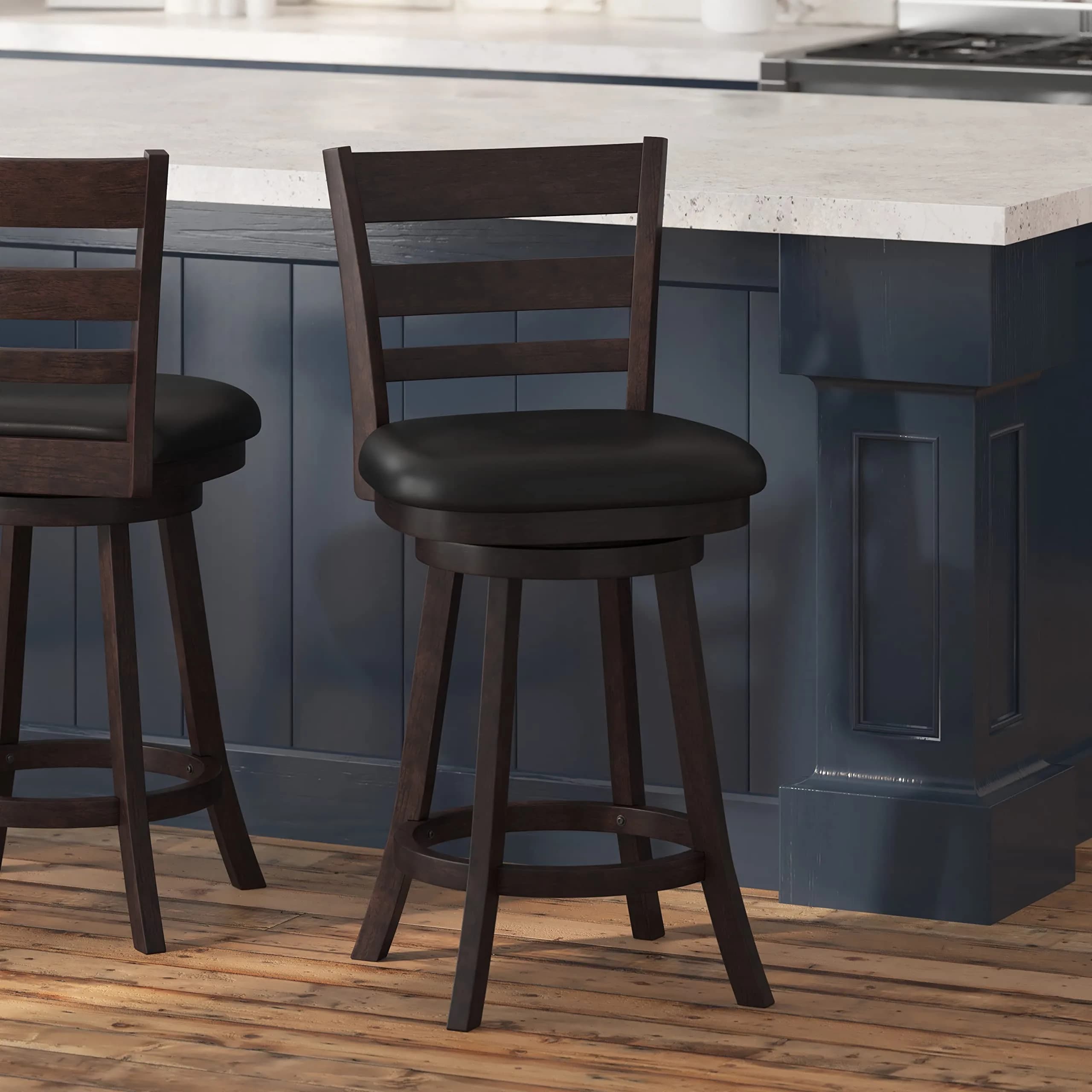 Taylor + Logan Zayne Classic Ladderback Wooden Swivel Counter Stool with Faux Leather Seat, Espresso/Black | Timeless Elegance & Modern Functionality