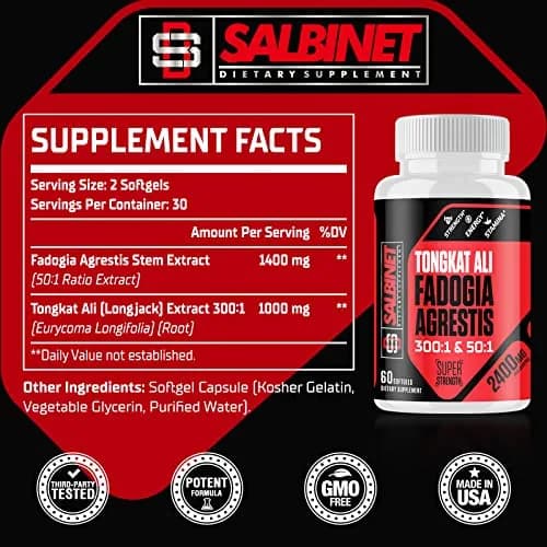 Salbinet 2400mg Nutritional Supplement 60 Count | Fadogia Agrestis & Tongkat Ali for Muscle & Performance thumbnail 2