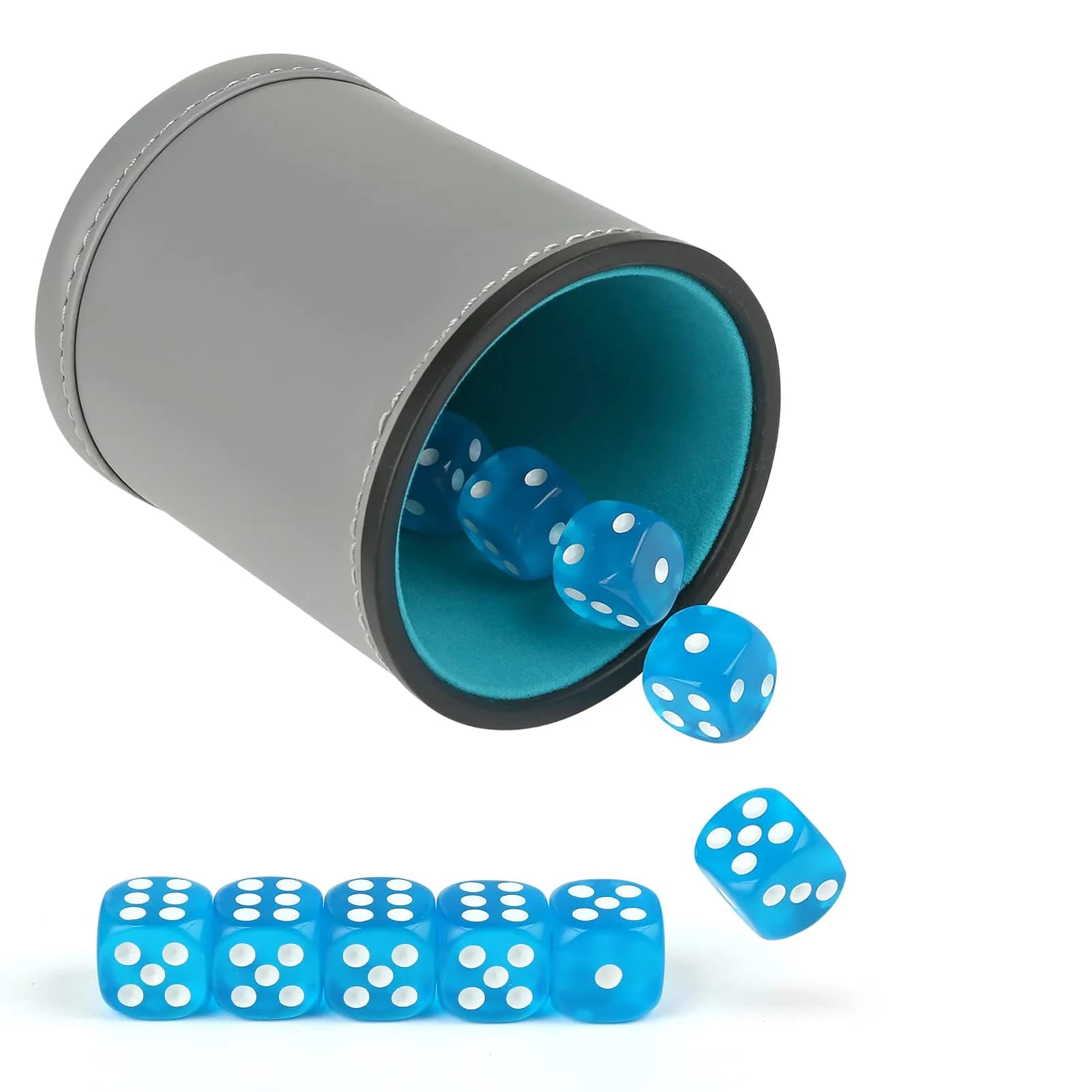 GWHOLE Leather Dice Cup with 10 Sky Blue Dice | Standard 16mm D6 for Tabletop Games — Blue