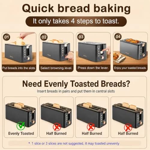 Mecity 4 Slice Toaster, Long Slot Stainless Steel | 6 Browning Settings & Warming Rack thumbnail 7