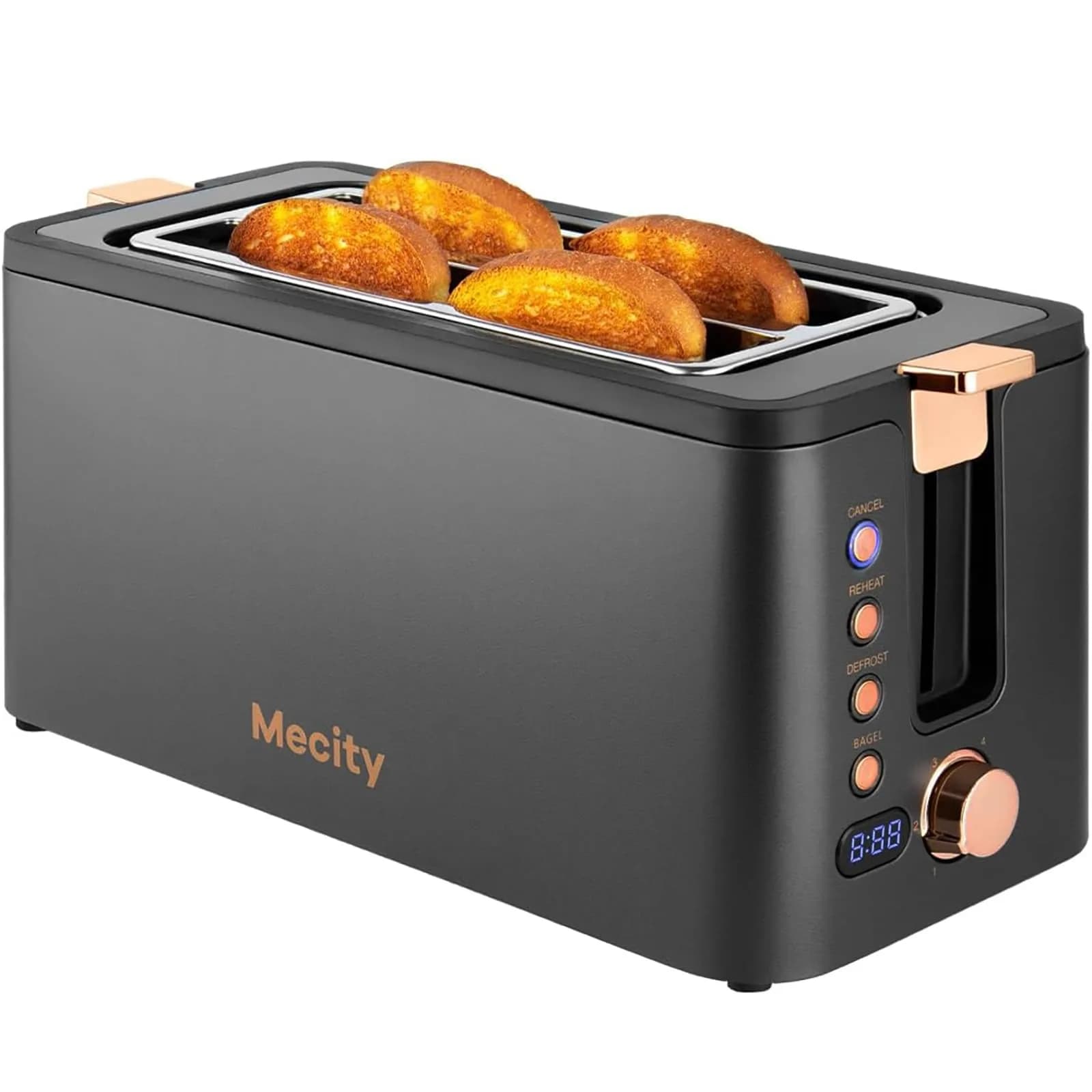 Mecity 4 Slice Toaster, Long Slot Stainless Steel | 6 Browning Settings & Warming Rack