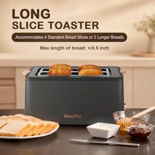 Mecity 4 Slice Toaster, Long Slot Stainless Steel | 6 Browning Settings & Warming Rack thumbnail 2