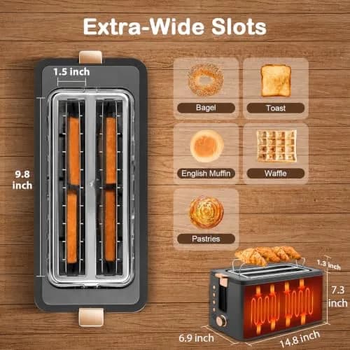 Mecity 4 Slice Toaster, Long Slot Stainless Steel | 6 Browning Settings & Warming Rack thumbnail 3