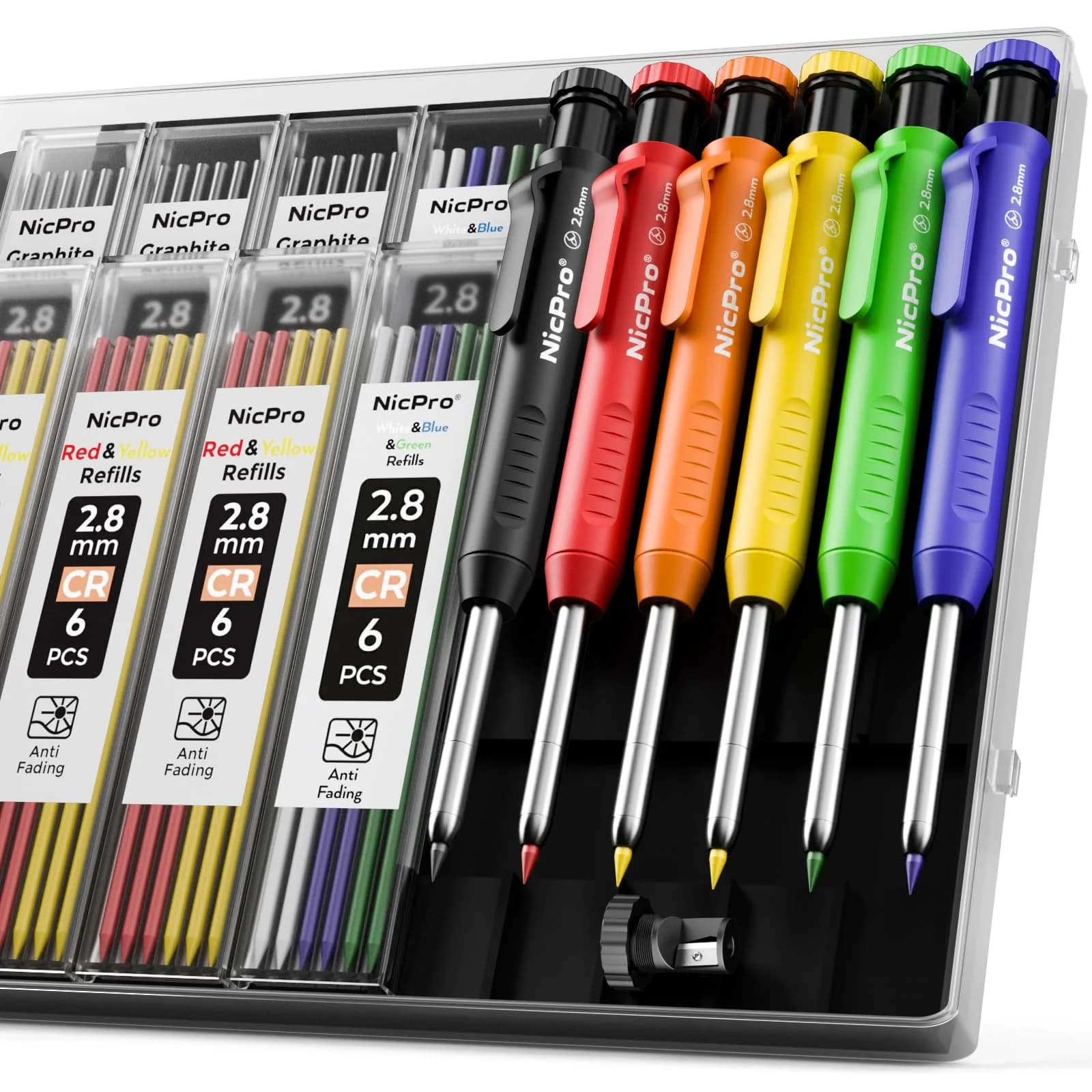 Nicpro Carpenter Pencil Set with Sharpener, 6 Pack, Refills & Storage | Precise Marking for Woodworking — Black,Red,Yellow,Green,Blue,Orange