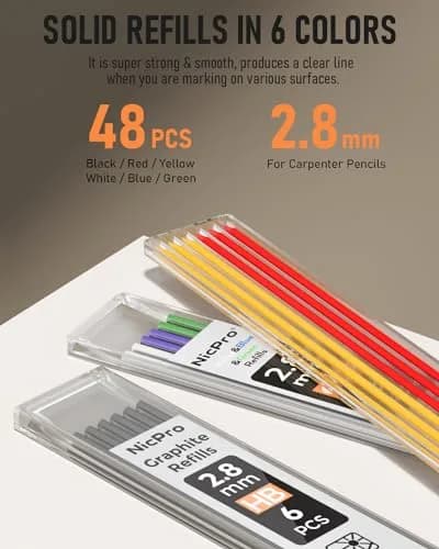 Nicpro Carpenter Pencil Set with Sharpener, 6 Pack, Refills & Storage | Precise Marking for Woodworking thumbnail 6