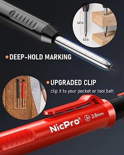 Nicpro Carpenter Pencil Set with Sharpener, 6 Pack, Refills & Storage | Precise Marking for Woodworking thumbnail 2