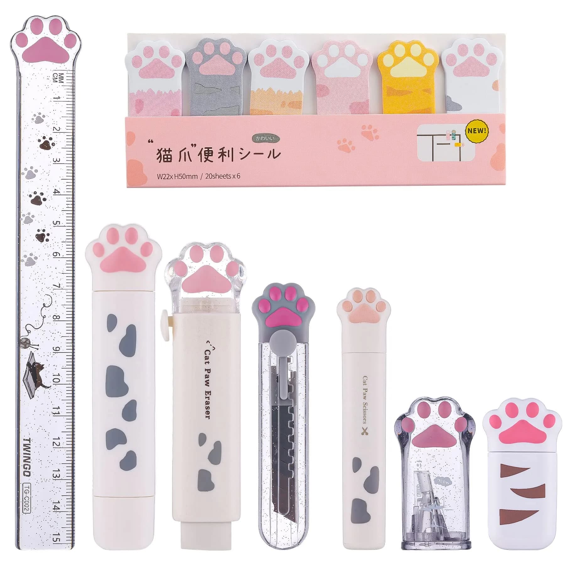 Kogcmeetl White 8 Pcs Cute Cat Paw Stationery Set | Retractable Eraser, Sharpener, Correction Tape, Sticky Notes, Ruler, Scissors, Utility Knife - main product image