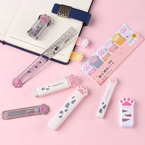 Kogcmeetl White 8 Pcs Cute Cat Paw Stationery Set | Retractable Eraser, Sharpener, Correction Tape, Sticky Notes, Ruler, Scissors, Utility Knife thumbnail 6