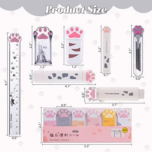 Kogcmeetl White 8 Pcs Cute Cat Paw Stationery Set | Retractable Eraser, Sharpener, Correction Tape, Sticky Notes, Ruler, Scissors, Utility Knife thumbnail 2