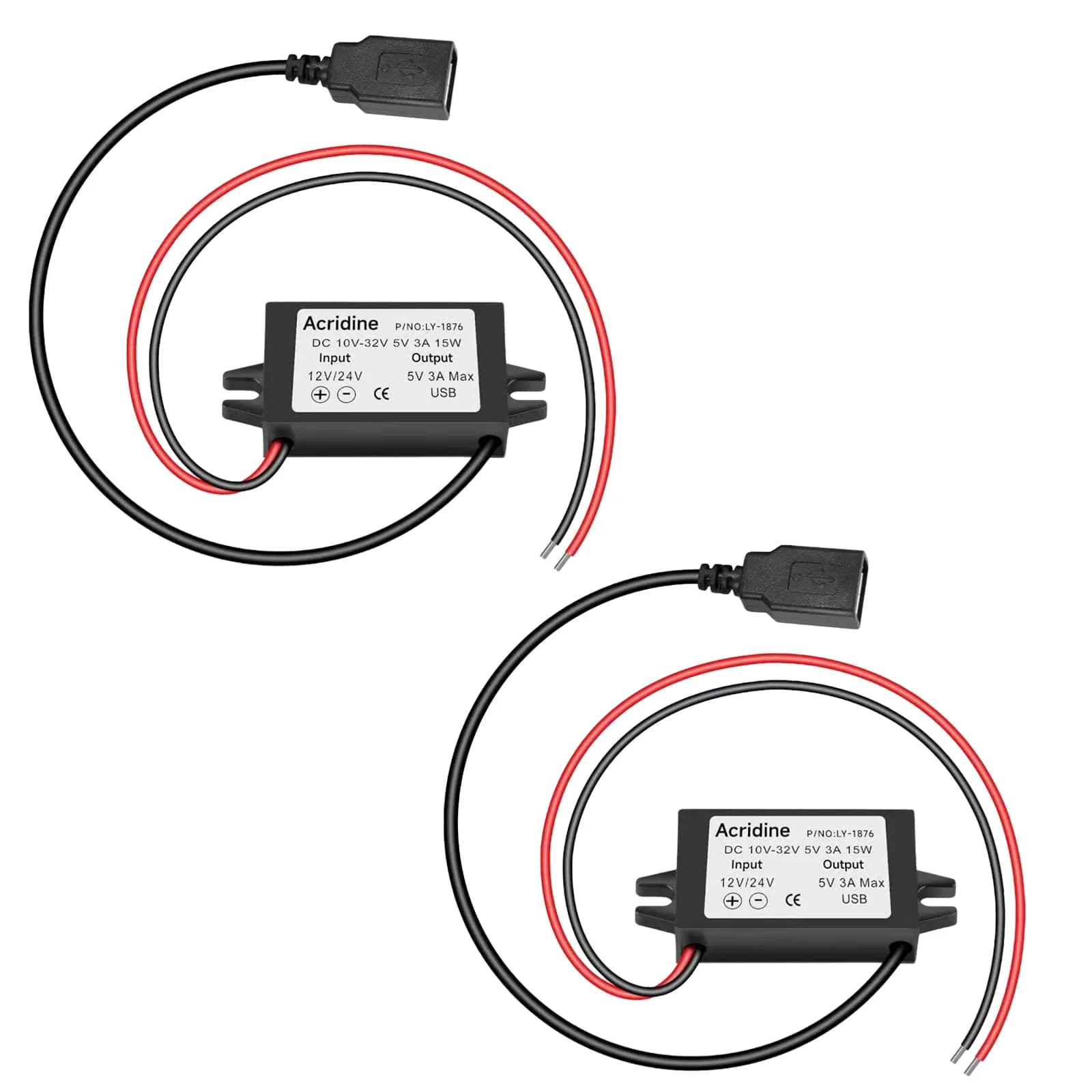 Acridine 12V 24V DC to 5V 3A USB Converter Module (2-Pack) | 96% Efficiency Buck Converter — Black