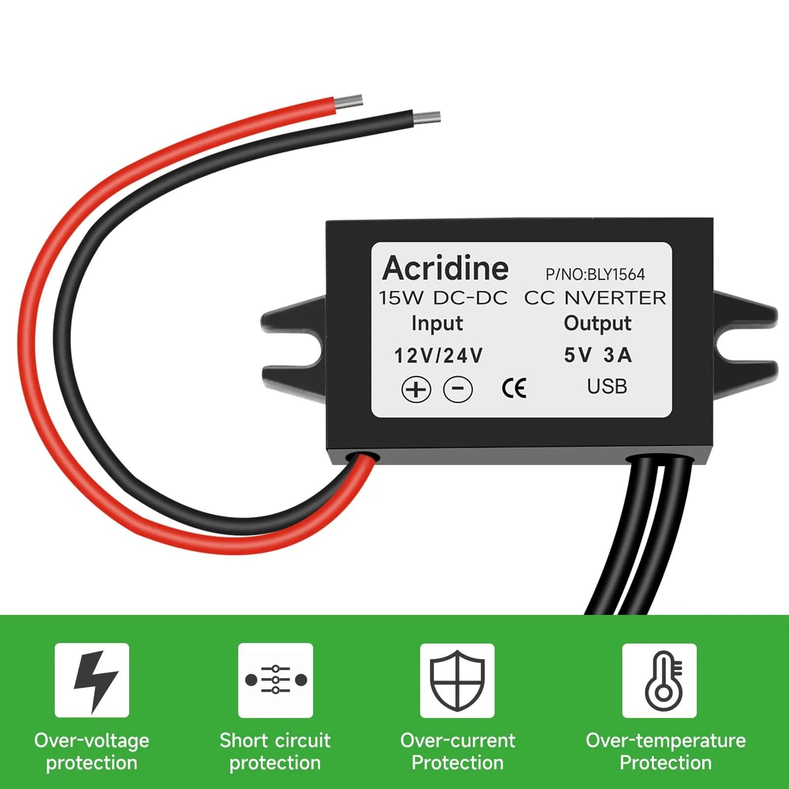Acridine 12V 24V DC to 5V 3A USB Converter Adapter Buck Module | 15W Output Power - view 4