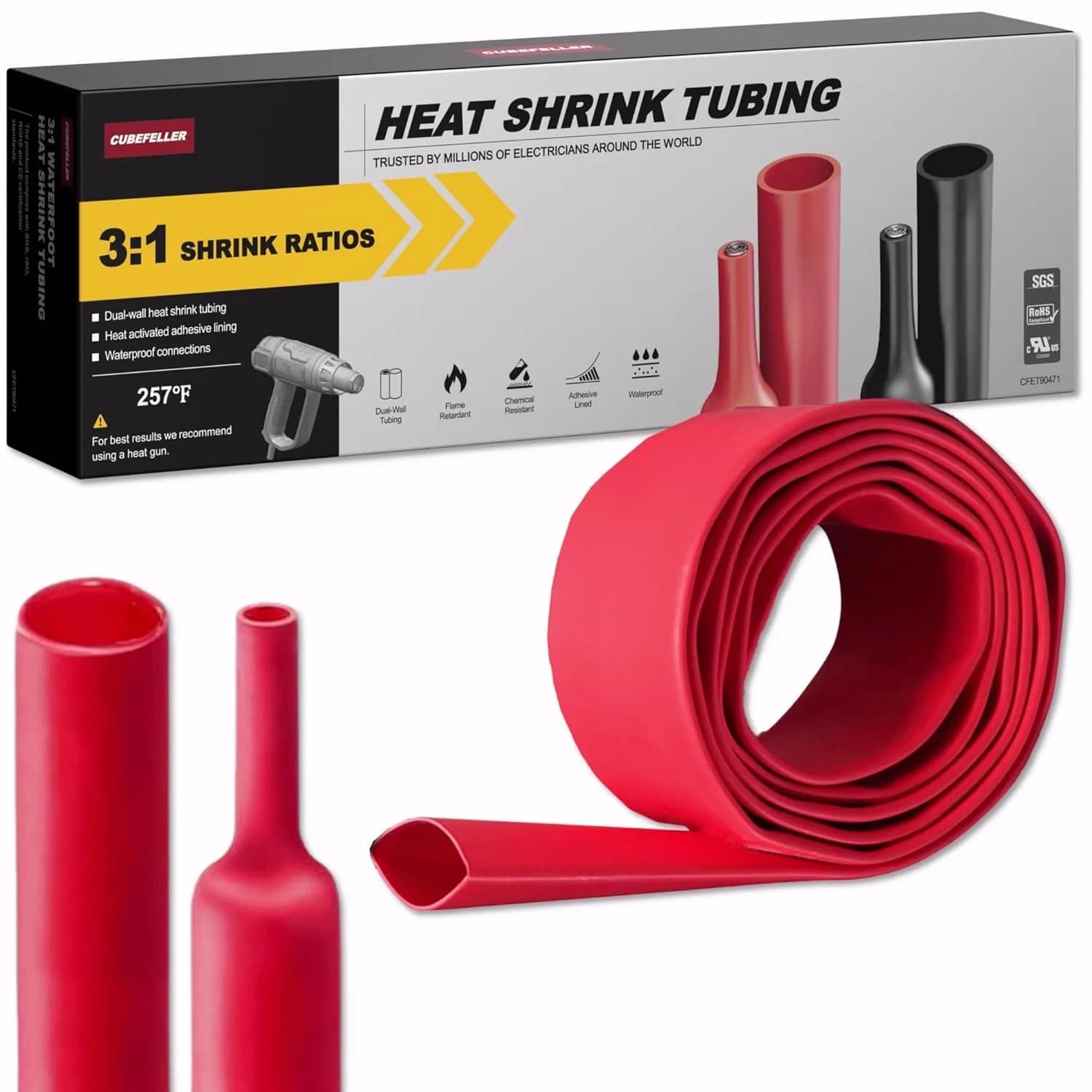 cubefeller Insulation 15mm (5/8") Red Heat Shrink Tubing | Marine Grade Waterproof Adhesive Lined