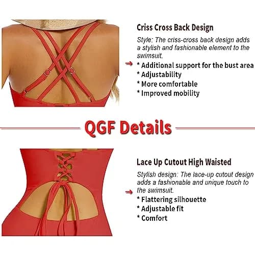 QGF One Piece Swimsuit - Tummy Control, Sexy Criss Cross Back, Ruched, Red | Classic Fit for Women thumbnail 5
